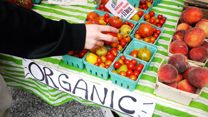 Organic tomatoes being sold at a market close-up.